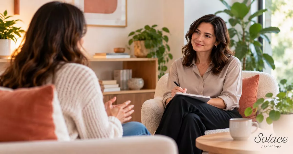 Psychologist speaking with a client during a therapy session