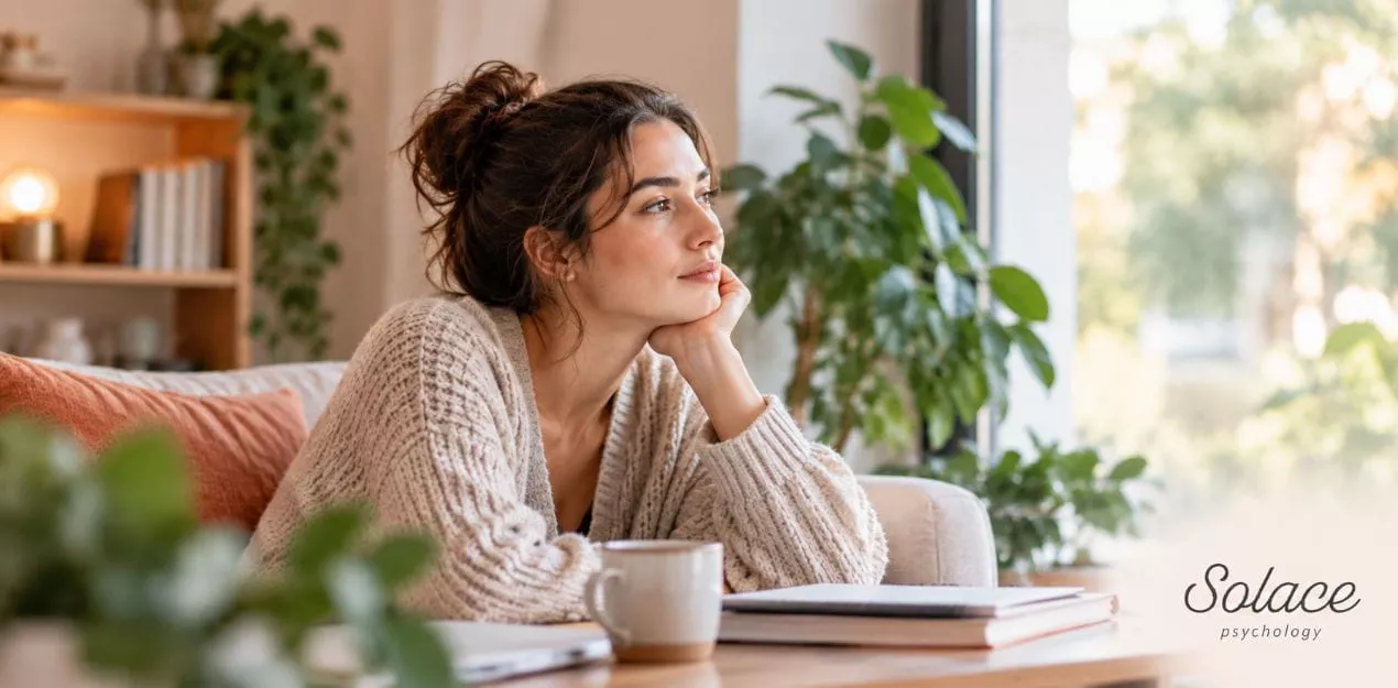 stress-vs-anxiety-melbourne Woman sitting by a window in a calm home setting